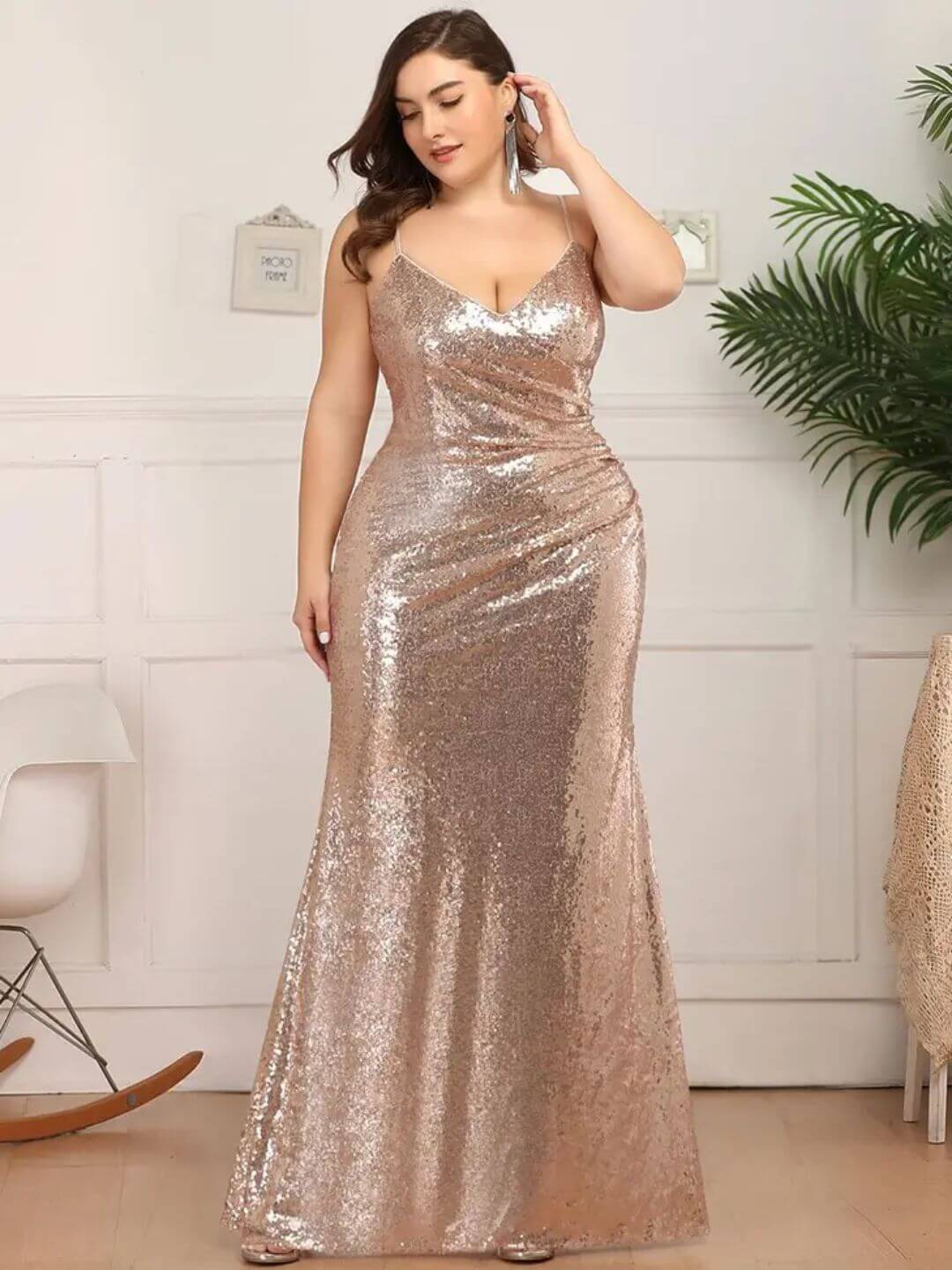 KENZA Mermaid Dress With Light Gold Sequins, Plus Size With Straps