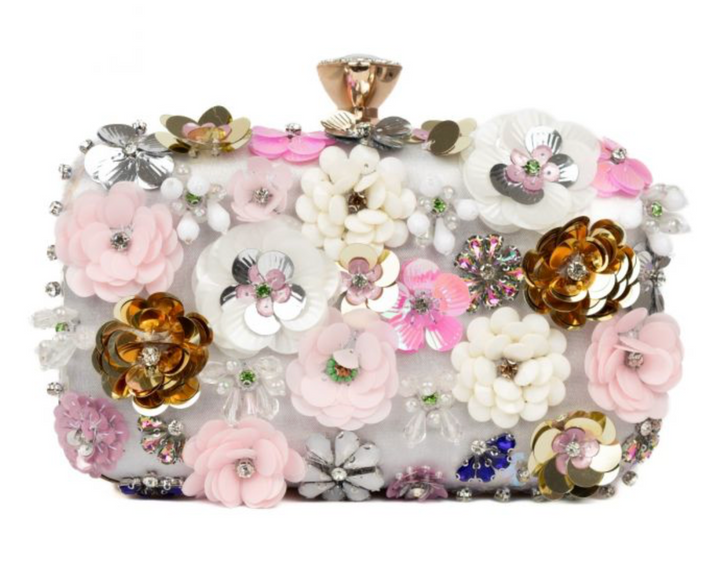 K020 hand craft floral Embellished Clutch Bag in Silver