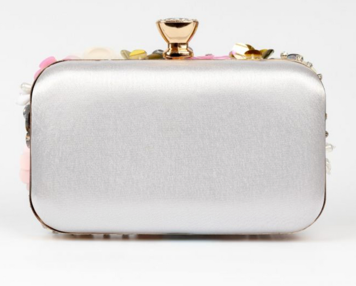 K020 hand craft floral Embellished Clutch Bag in Silver
