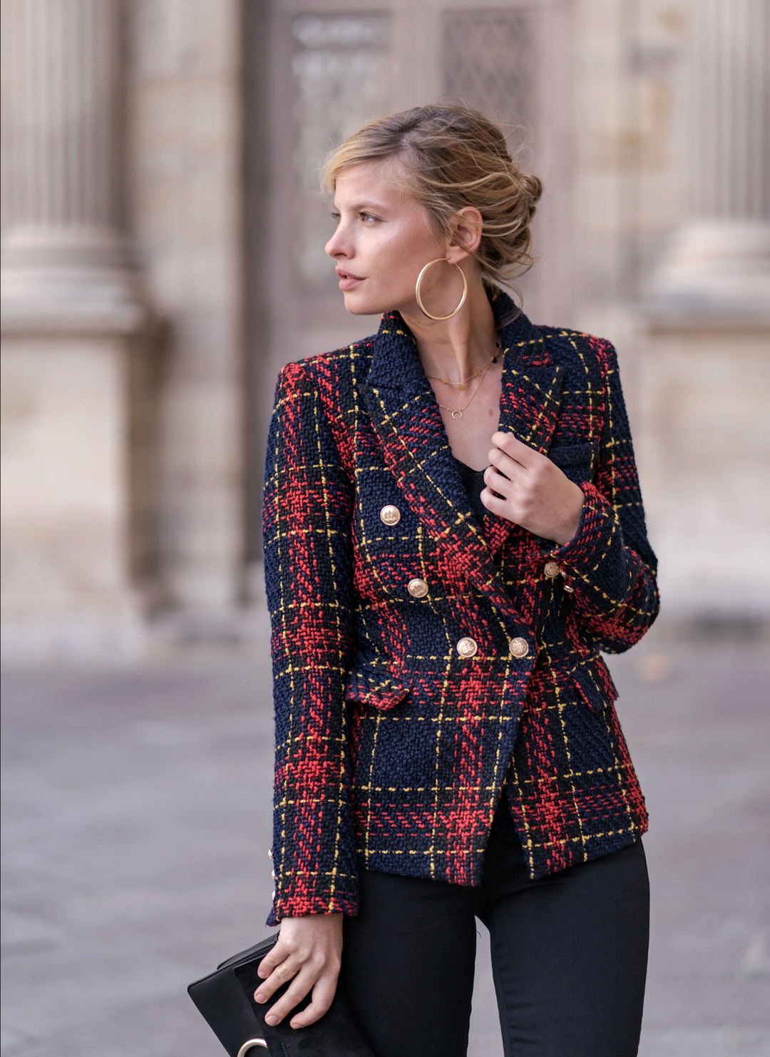 Veste blazer à carreaux multicolores