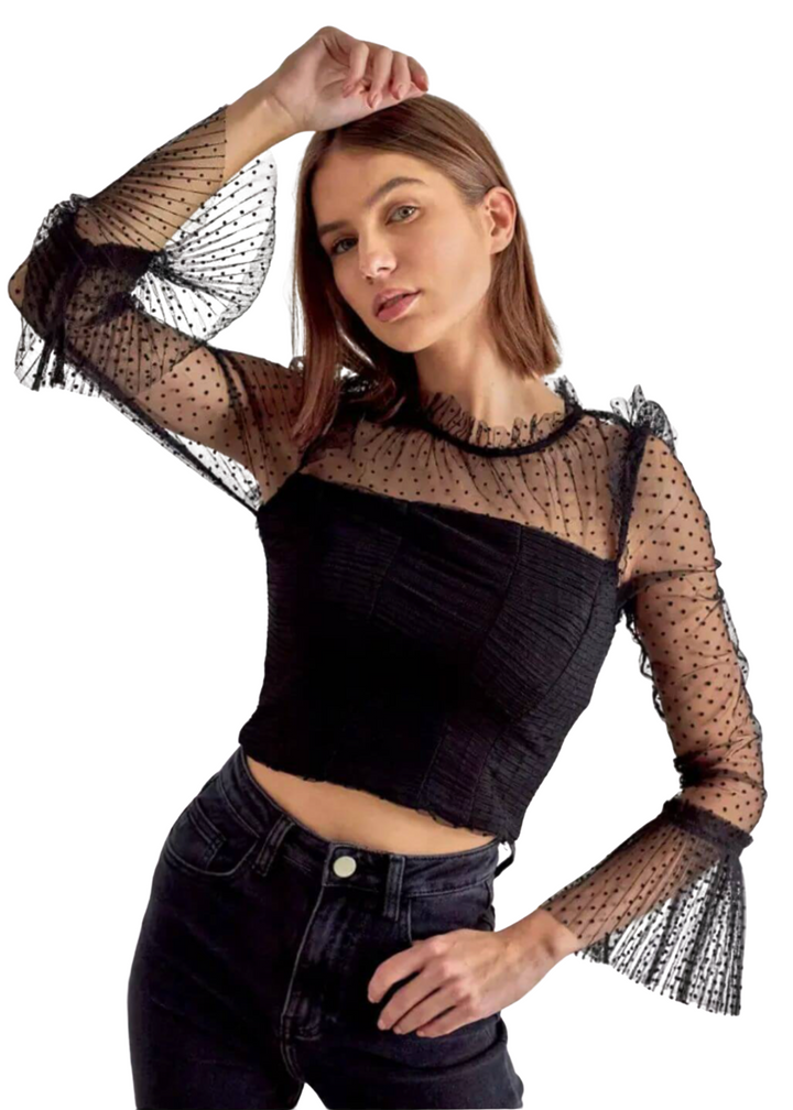 DHIBA Sheer Mesh Long Sleeve Crop Top