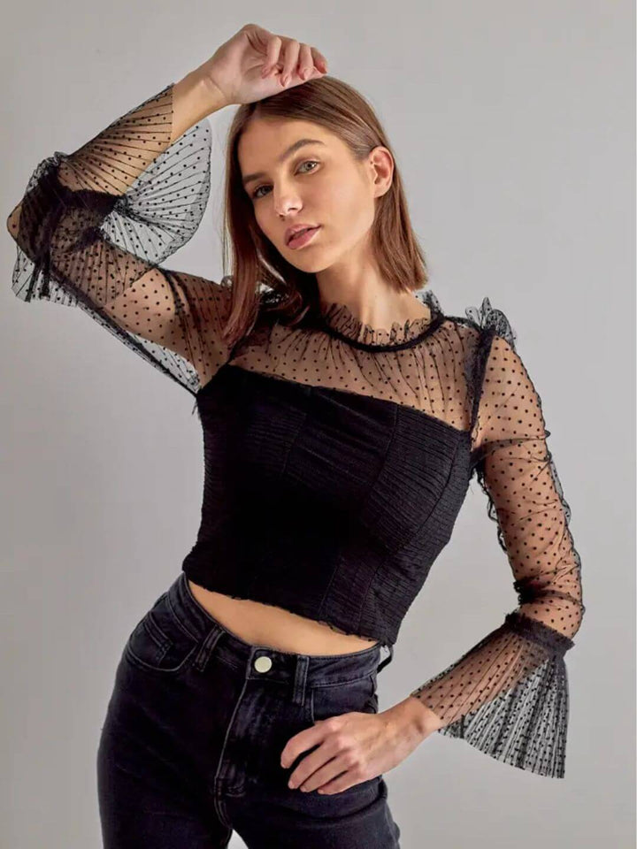 DHIBA Sheer Mesh Long Sleeve Crop Top