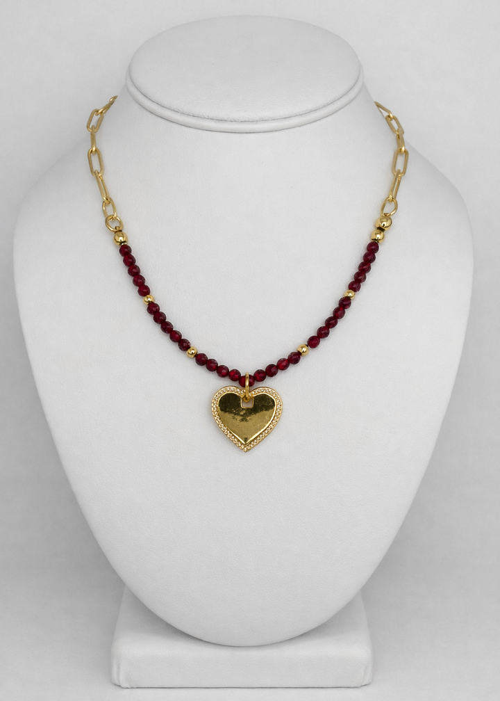 Collier cœur doré et perles rouges Romantico
