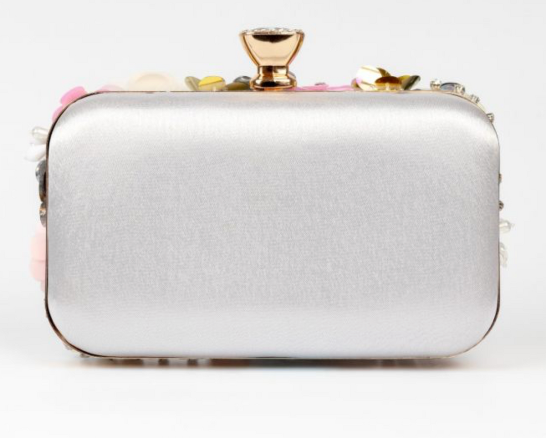 K020 hand craft floral Embellished Clutch Bag in Silver