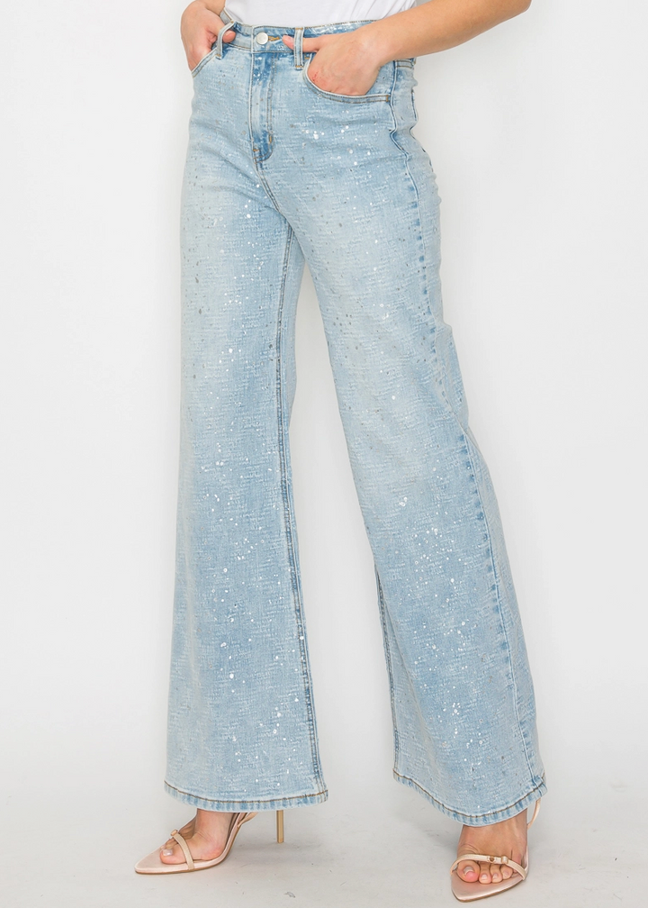 Jean évasé relax en taille haute métallisée