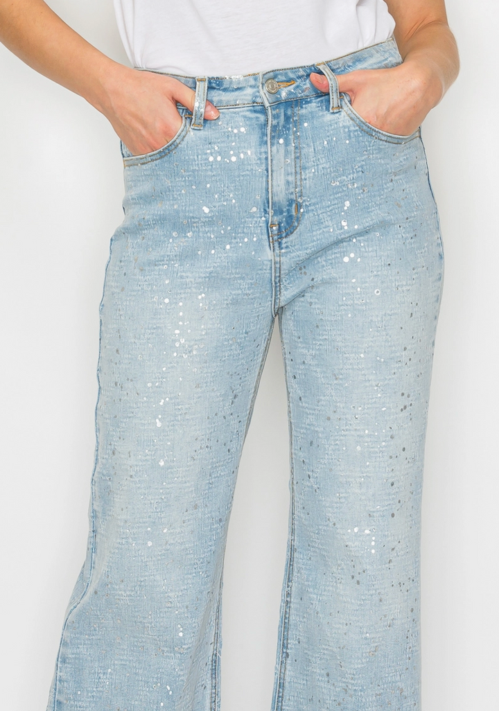 Jean évasé relax en taille haute métallisée