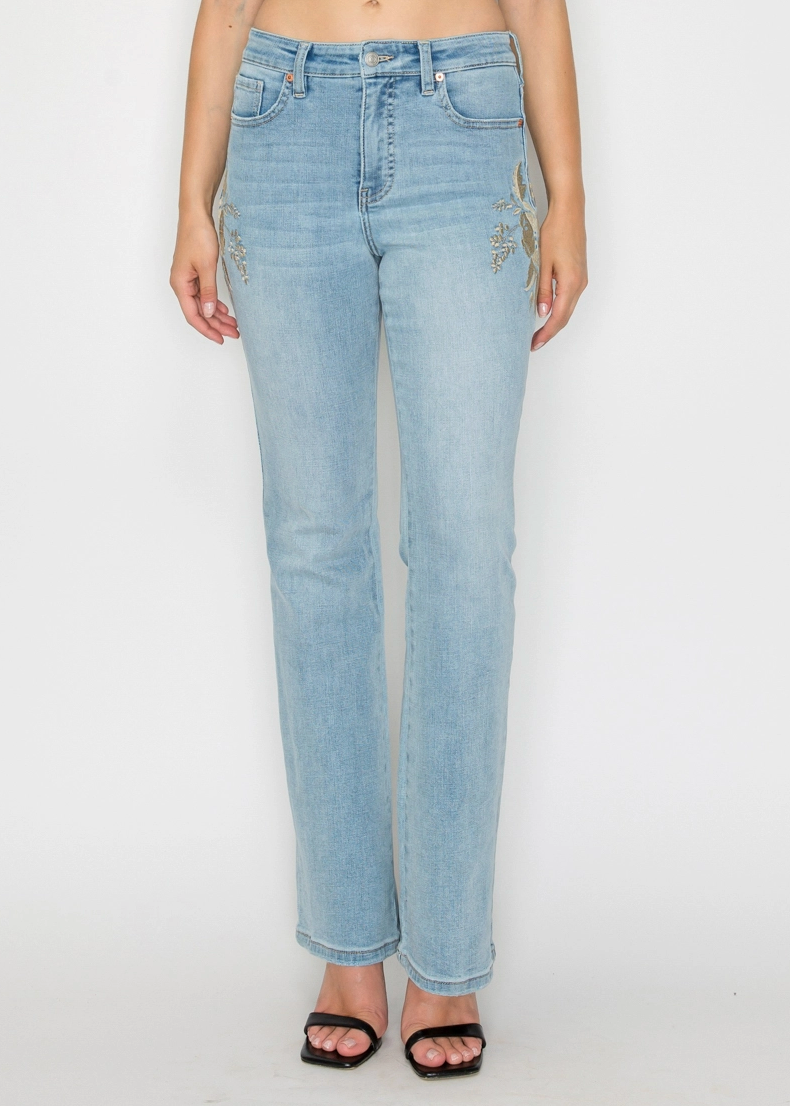 Jean moderne évasé à taille haute brodé