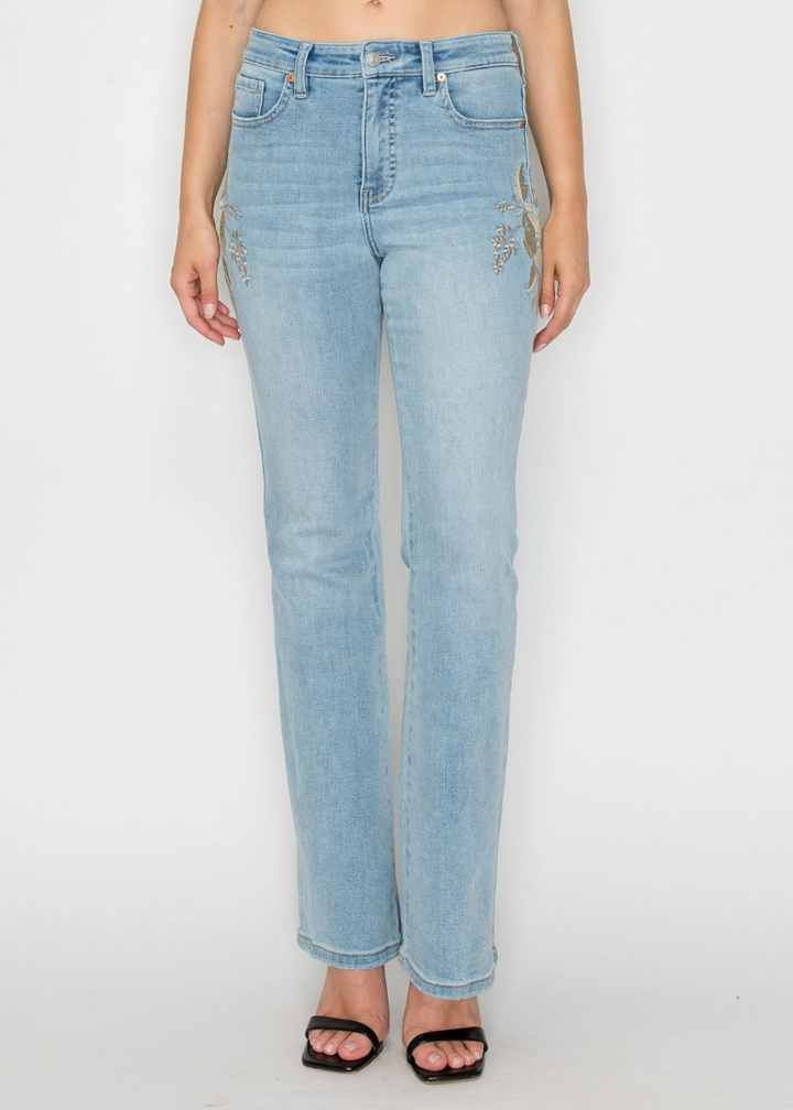 Jean moderne évasé à taille haute brodé