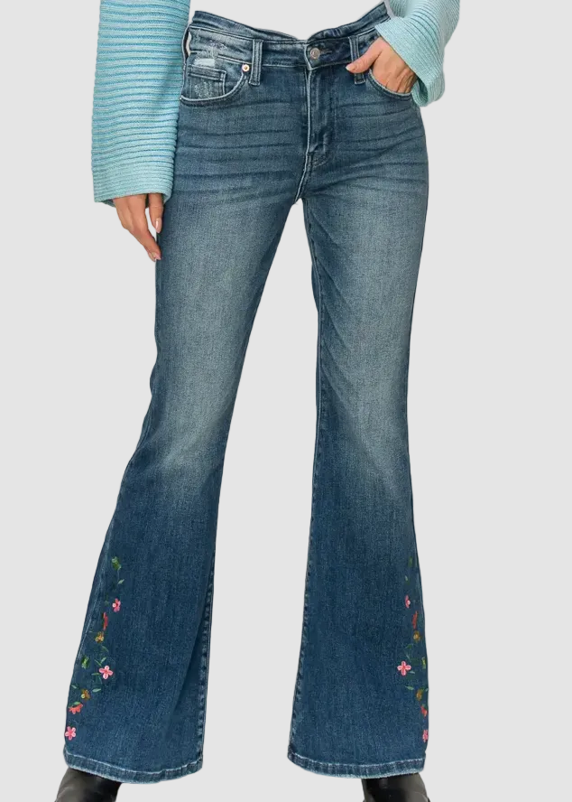 Jean évasé taille haute brodé foncé