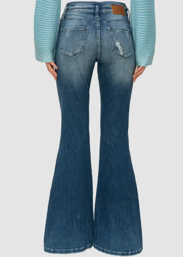 Jean évasé taille haute brodé foncé