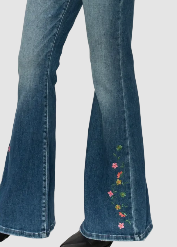 Jean évasé taille haute brodé foncé