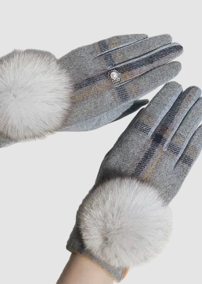 Gants d'hiver à carreaux avec pompon en fausse fourrure