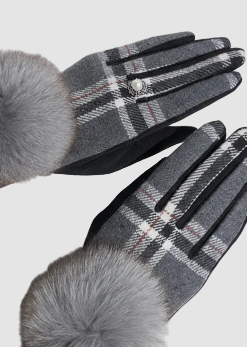 Gants d'hiver à carreaux avec pompon en fausse fourrure