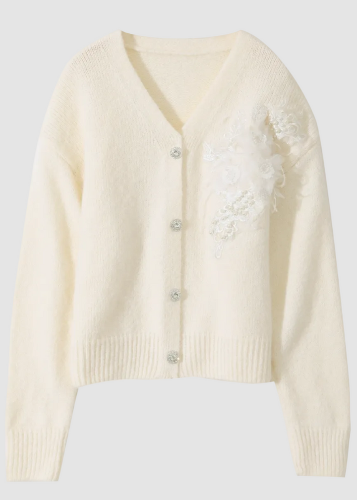 Cardigan à col en V avec accent floral délicat
