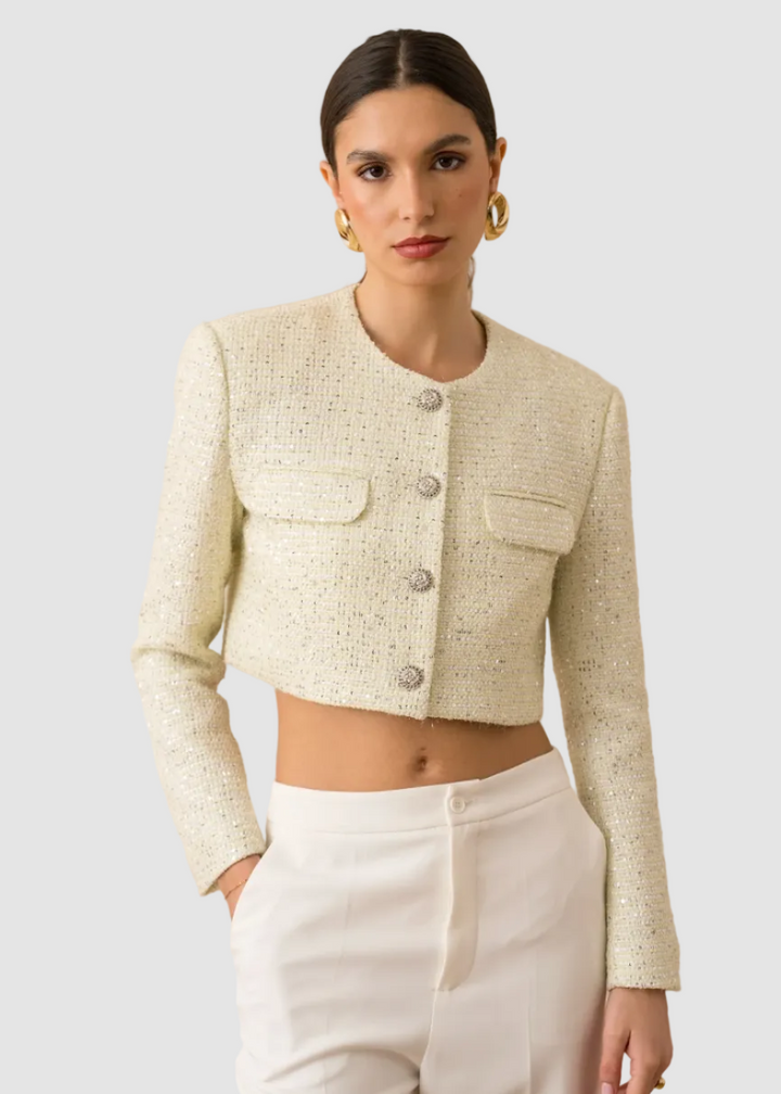 Veste courte en tweed à sequins sans col