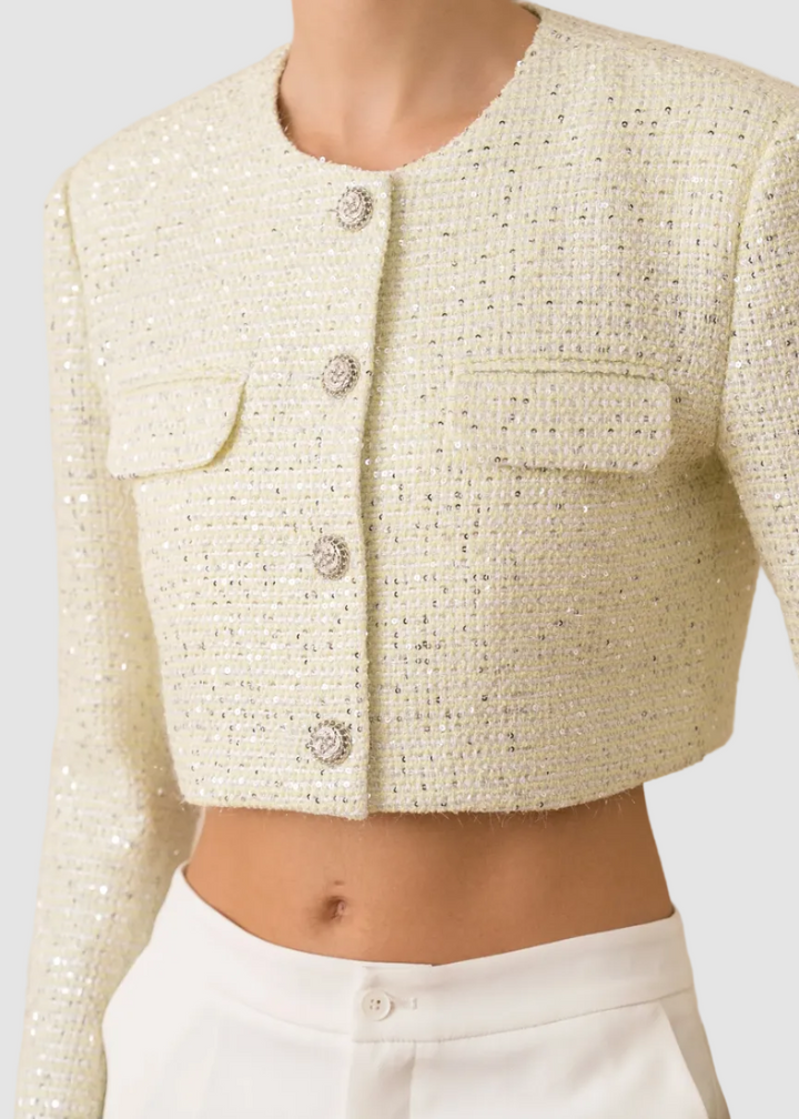 Veste courte en tweed à sequins sans col