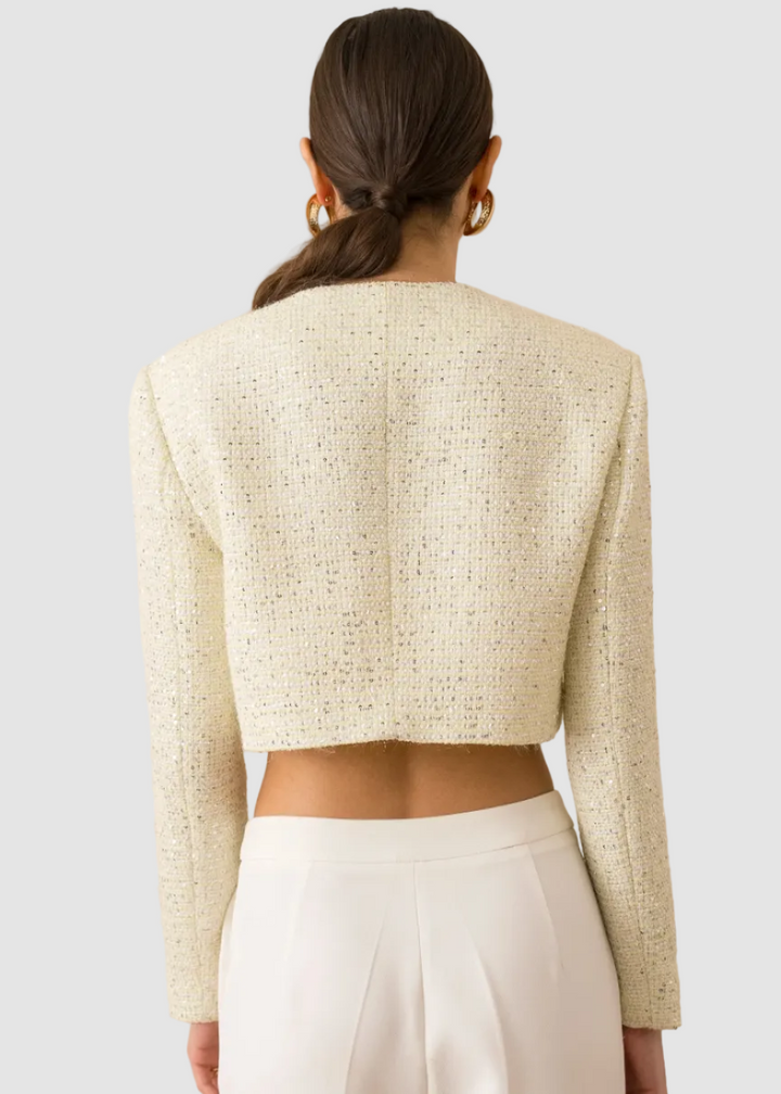Veste courte en tweed à sequins sans col