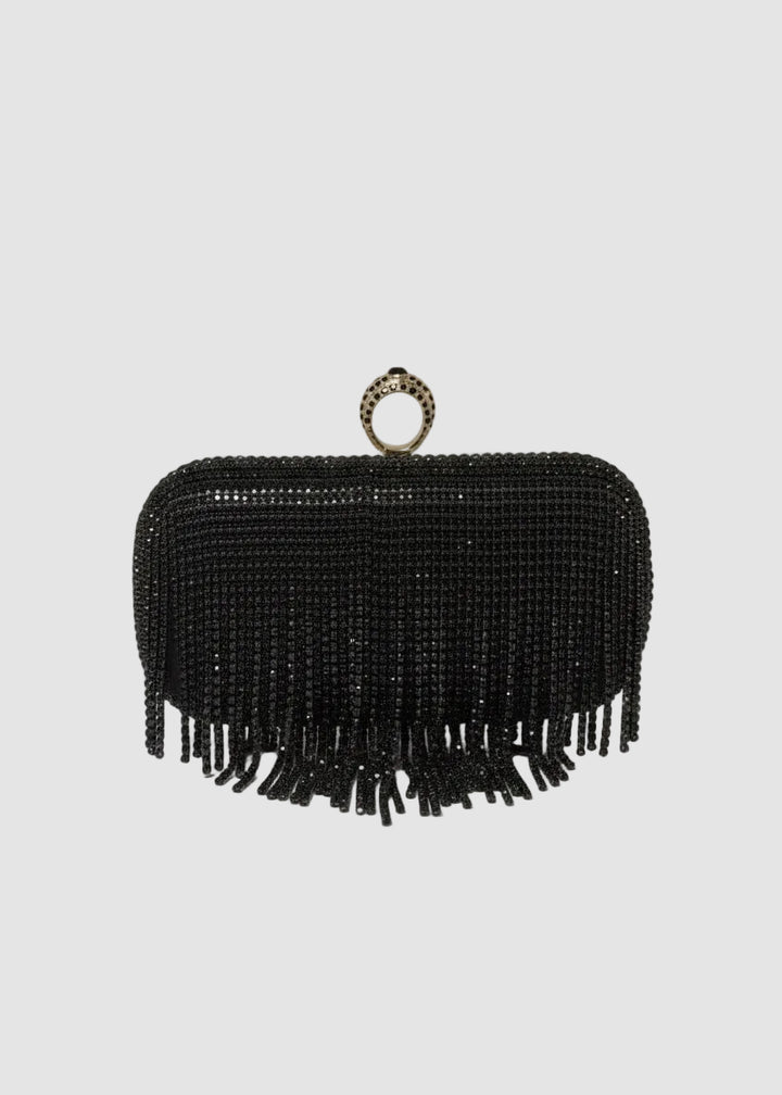 Black Fringe Evening Clutch with Ring