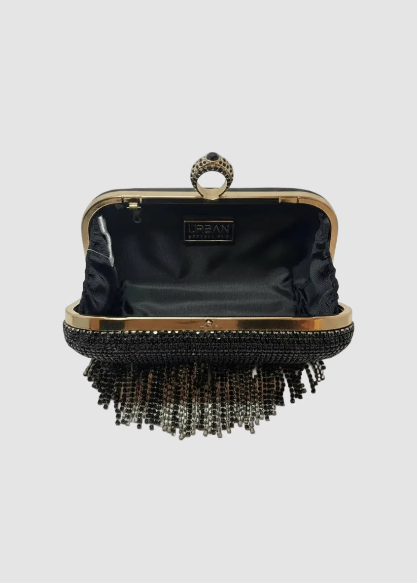 Black Fringe Evening Clutch with Ring