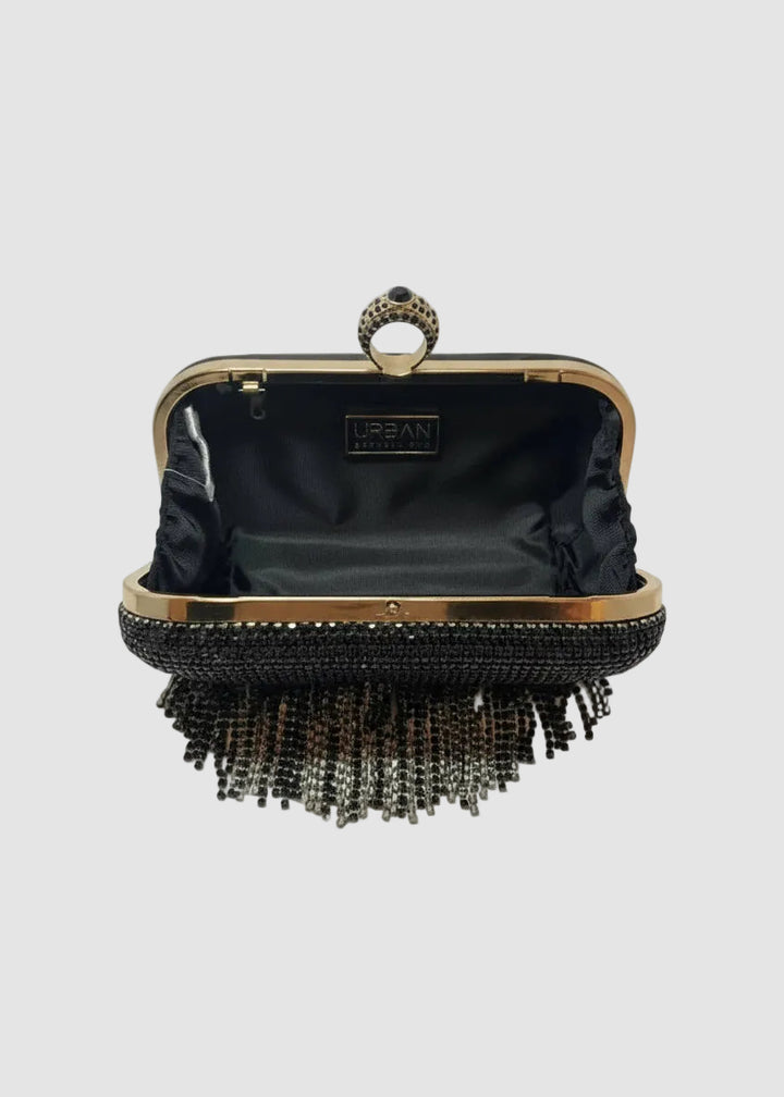 Black Fringe Evening Clutch with Ring