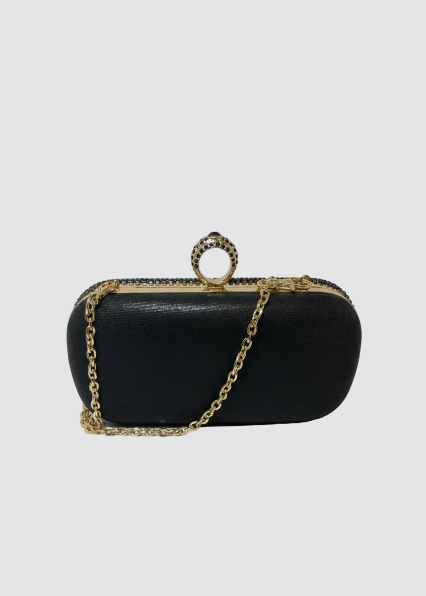 Black Fringe Evening Clutch with Ring