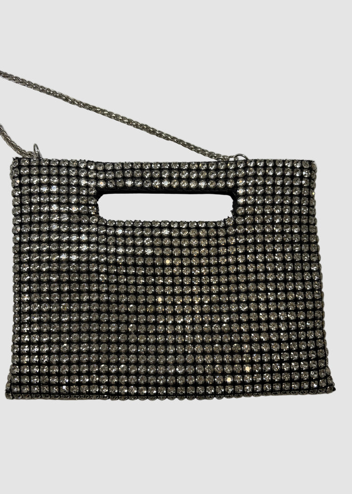 Luxury evening handbag with sparkling crystals and button closure