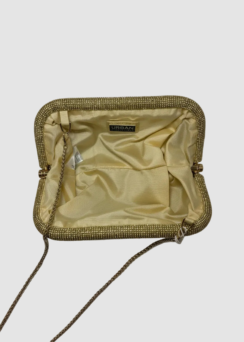 Gold clutch bag adorned with sparkling crystals