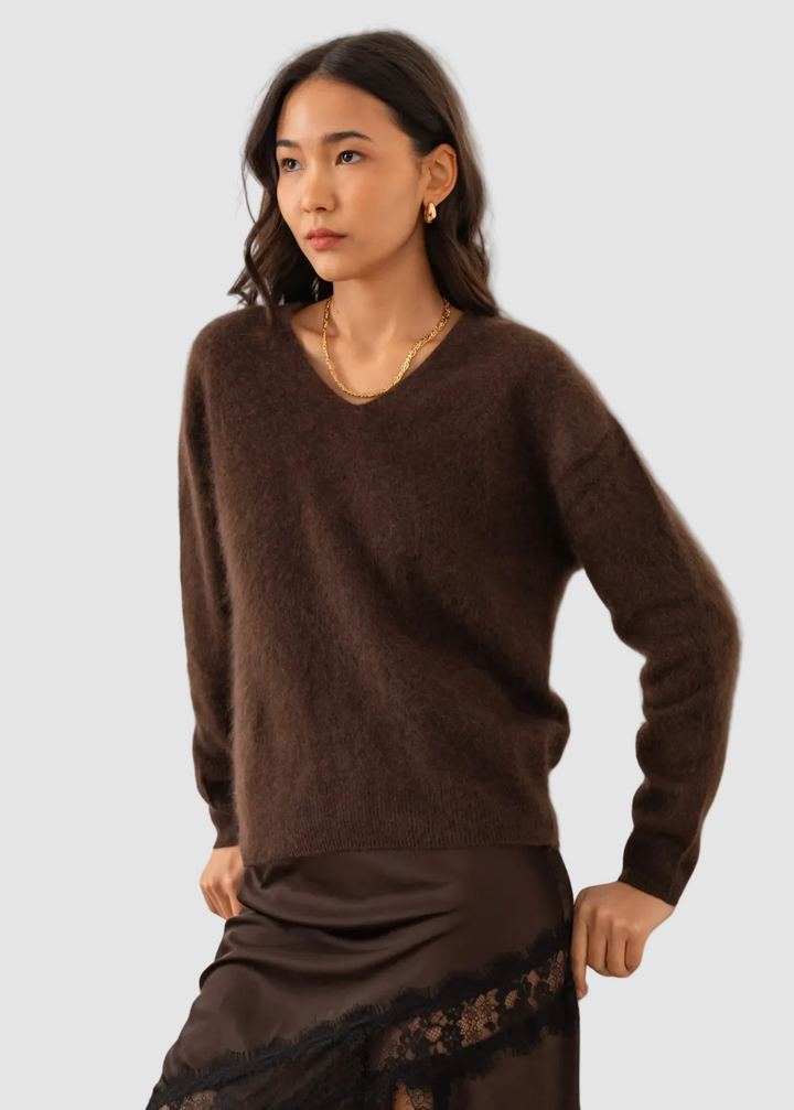 Pull col V en cachemire et laine brossé