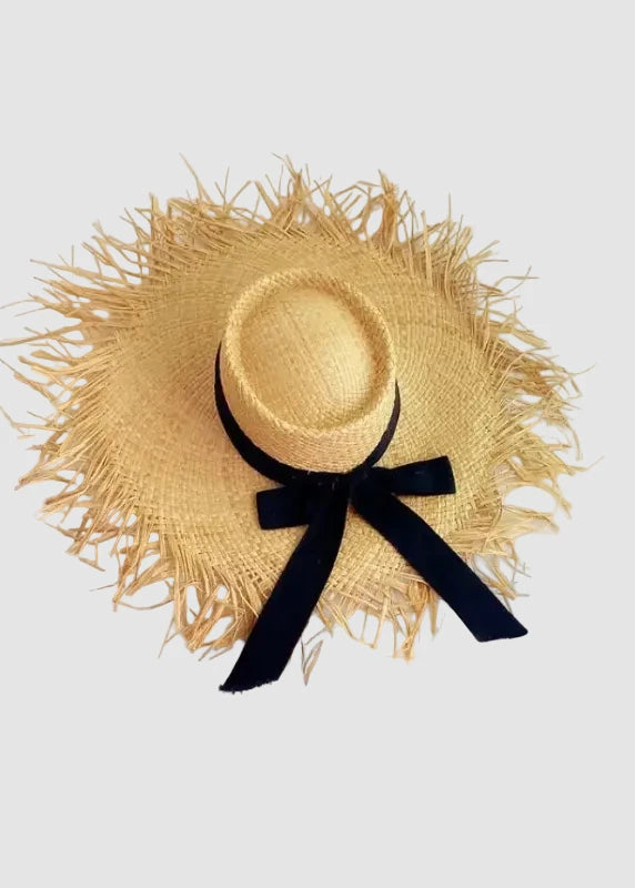 Chapeau de soleil en paille de raphia à franges avec nœud en ruban noir