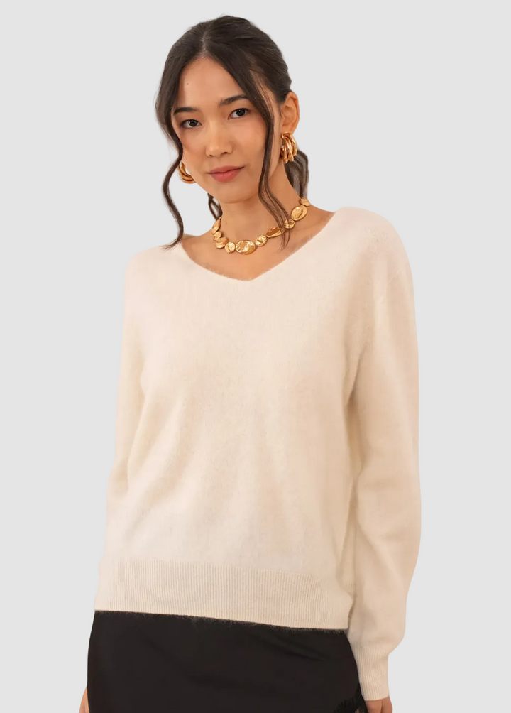 Pull col V en cachemire et laine brossé